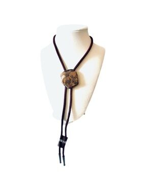 Vintage Brown Stone Bolo Bohemian Western Tie Necklace With Brown Cord